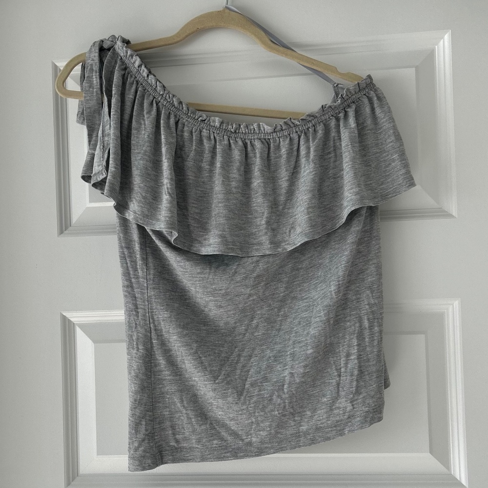 LOFT Gray One-Shoulder Top with Ruffles, Size Small - Excellent Condition